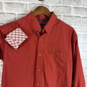 George Strait Wrangler Rustic Orange Print Button Up Western Shirt Mens LARGE